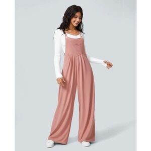 Halara Overalls Size Medium Petite Dusty Rose Waffle Knit Wide Leg Jumpsuit